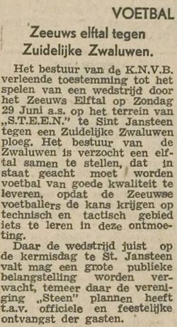 Aankondiging wedstrijd Zeeuws Elftal in PZC (1947), bron: 18 juni 1947